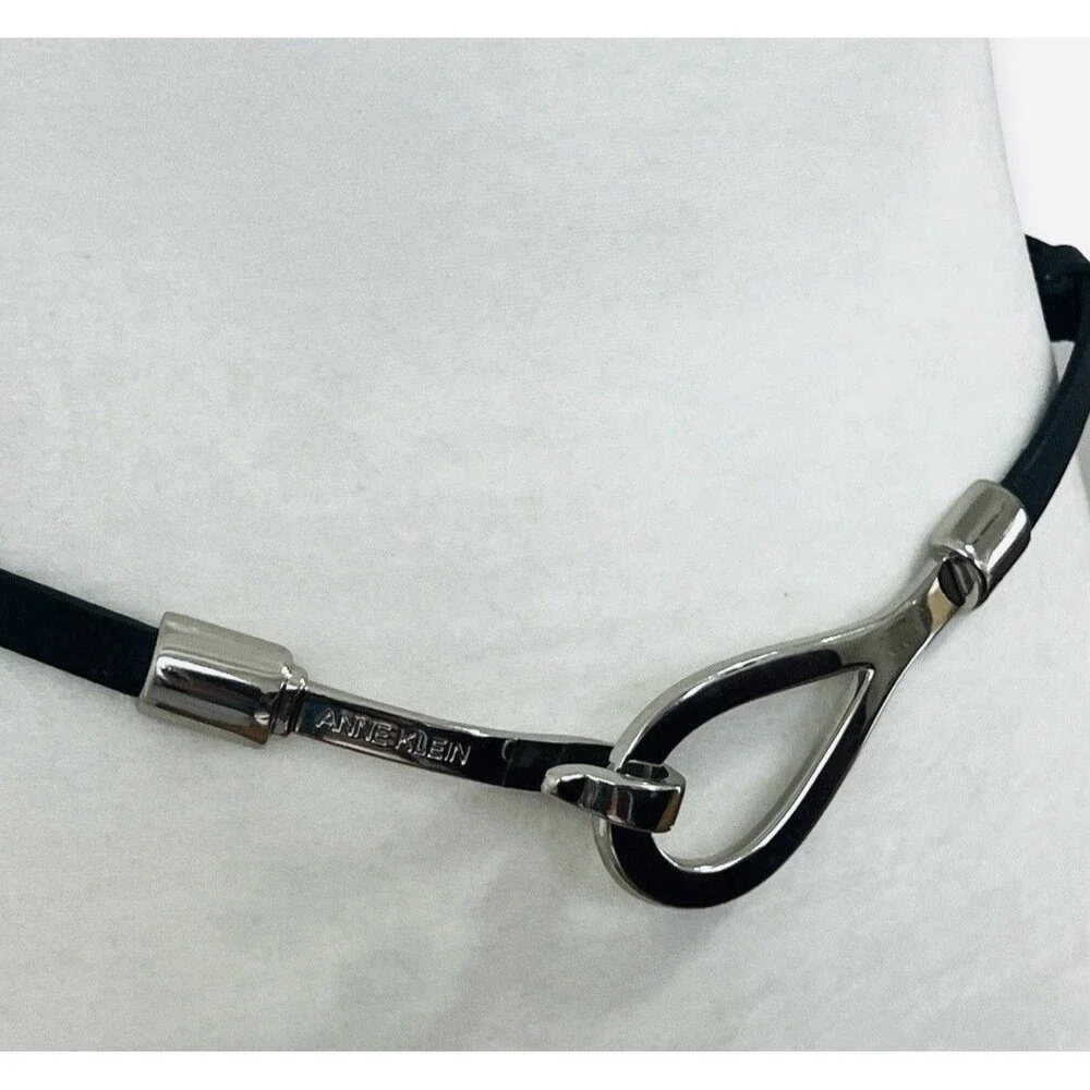 Anne Klein Fashion Belt Skinny Black Genuine Leather Silver Hook Buckle XL/XXL